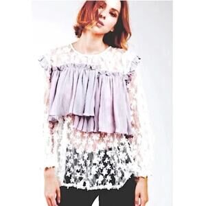 POL womens small gray white lace boho long sleeve sheer blouse top shirt new